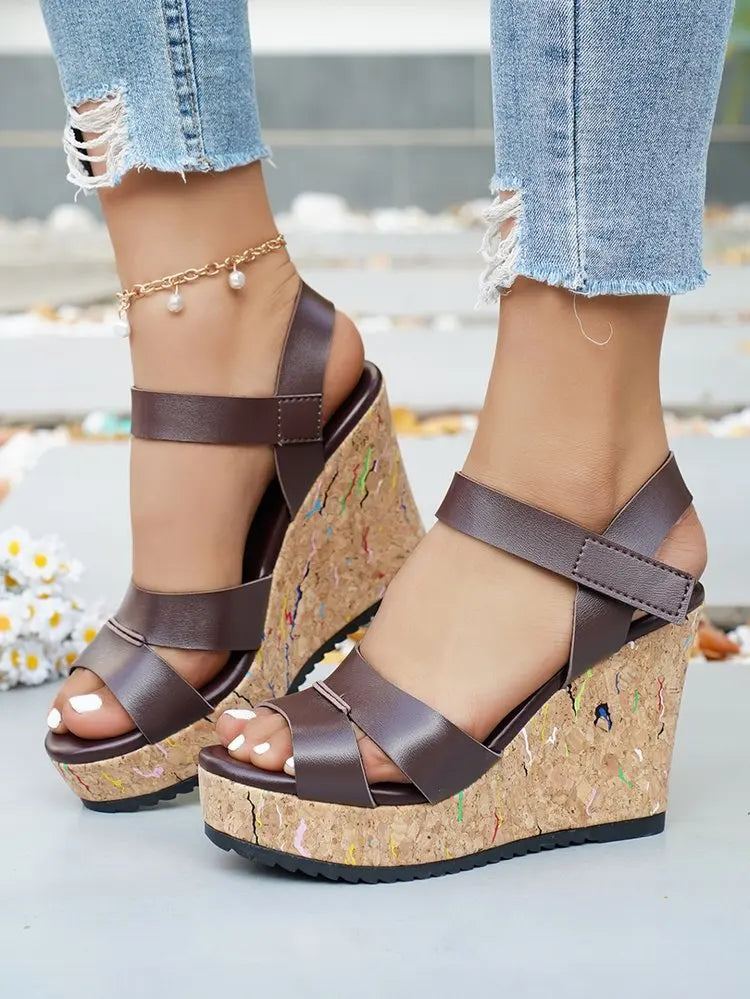 Women's Silver Chunky Platform Sandals 2026 Summer Cork Thick Sole Wedge Sandals Woman Plus Size 43 Pu Leather Casual Shoes