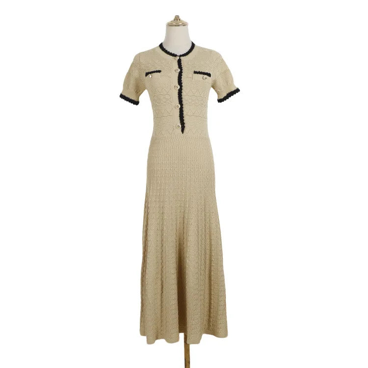 ZJYT Summer New 2026 Fashion Women's Knitted Dress Sweaters Elegant Short Sleeve Mid Calf Casual Holiday Dresses Female Vestido