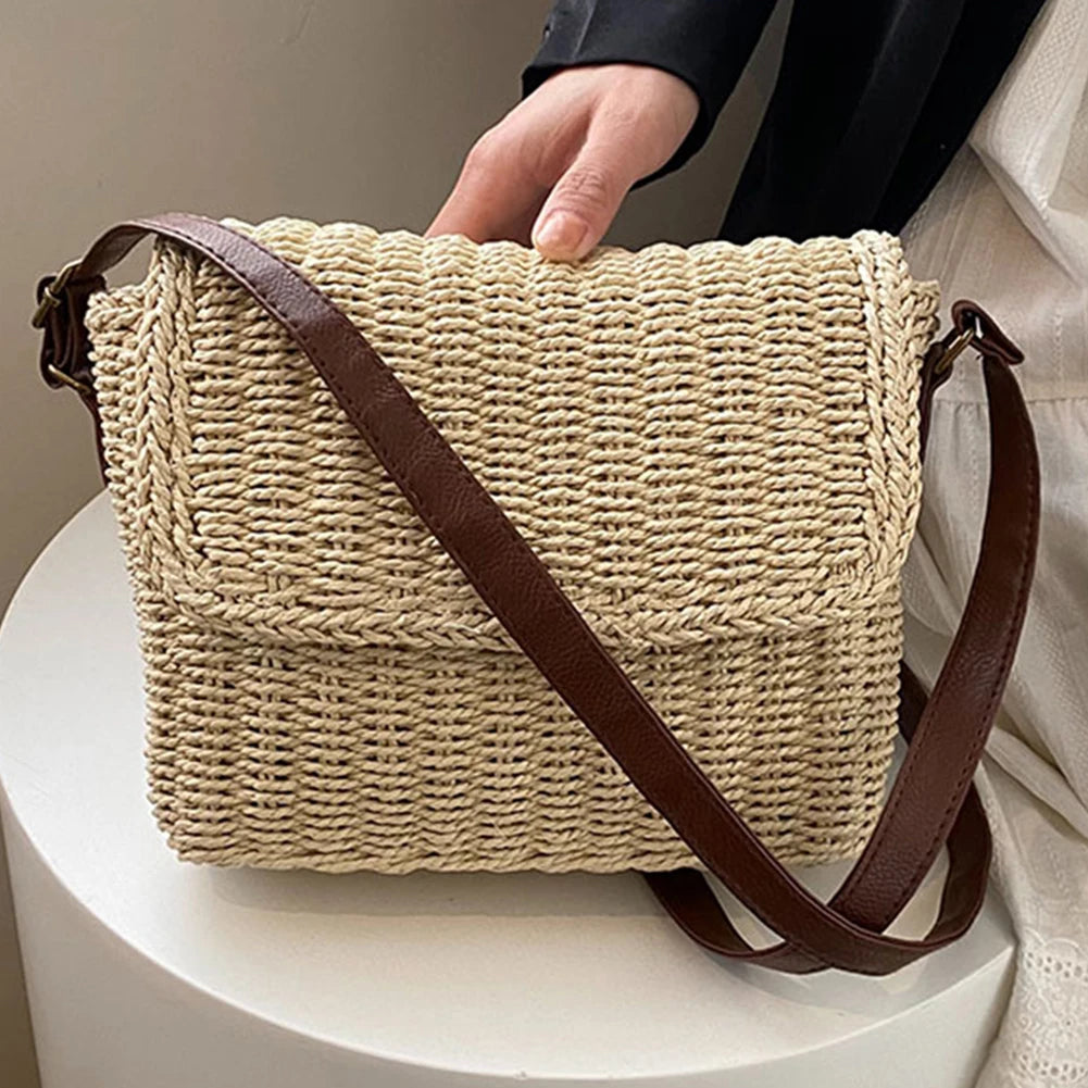 Women Weave Straw Bag Seaside Crossbody Bag Vintage Summer Straw Beach Bag Adjustable Strap Handmade Travel Flap Bag