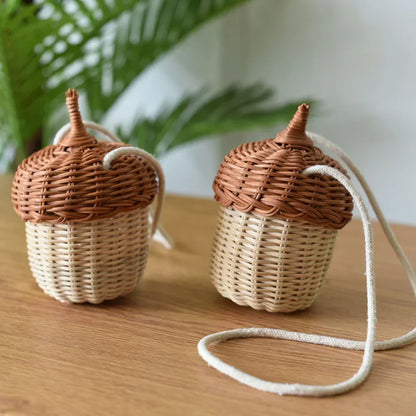 Creative Acorn Shaped Diagonal Cross Bag Storage Basket Hand Woven Circular Rattan Bag Beach Style Woven Shoulder Bag Photo Prop
