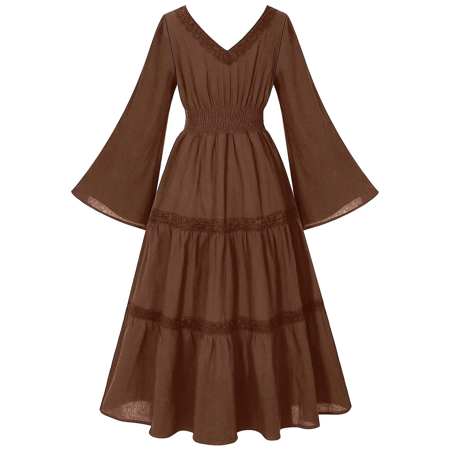 2025 New Beige Halloween/Christmas Square Neck Lace Trim Bell Sleeve Dress for Women, Halloween/Christmas COS Costumes Long Sirt