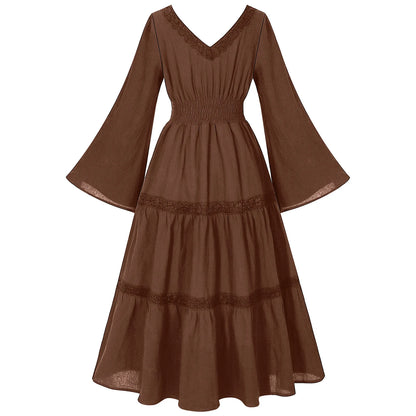 2025 New Beige Halloween/Christmas Square Neck Lace Trim Bell Sleeve Dress for Women, Halloween/Christmas COS Costumes Long Sirt