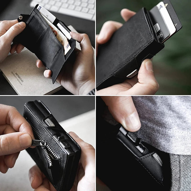Pop-Up Credit Card Case with RFID Protection Genuine Leather  Wallet with Compartment for Notes and Coins for Men and Women