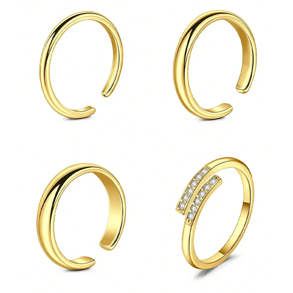 4pcs Stainless Steel Toe Ring Pack Set Hollow Love Flower Leaves Spot Drill Moon Multi-Style Size Adjustable Summer Beach Must