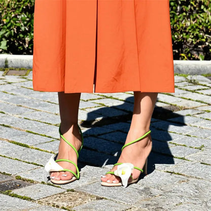 Onlymaker Women Open Toe Elegant Calla Lily Flower Sandals Wedding Heels Dressy Slingback Kitten Heel Summer Strappy Sandals