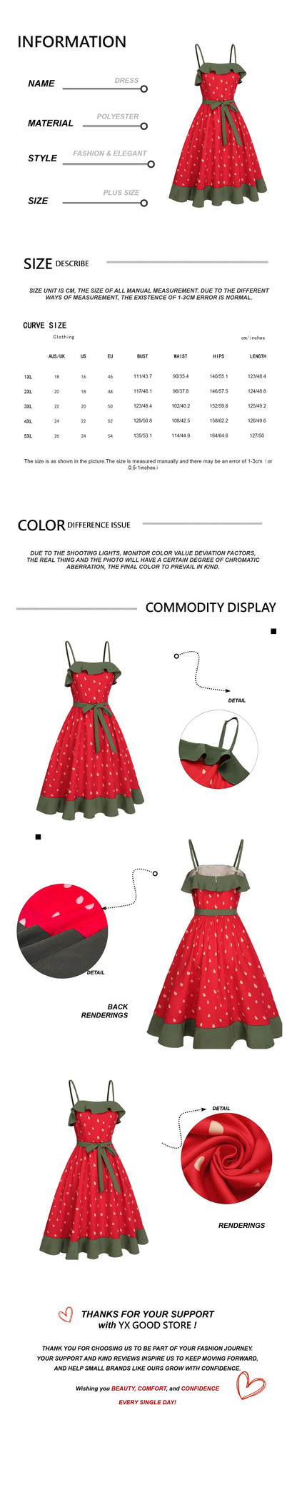 Plus Size Strawberry Print Dress Women's Red Strapless Sundress Green Lace Trim Summer Dress Free Shipping