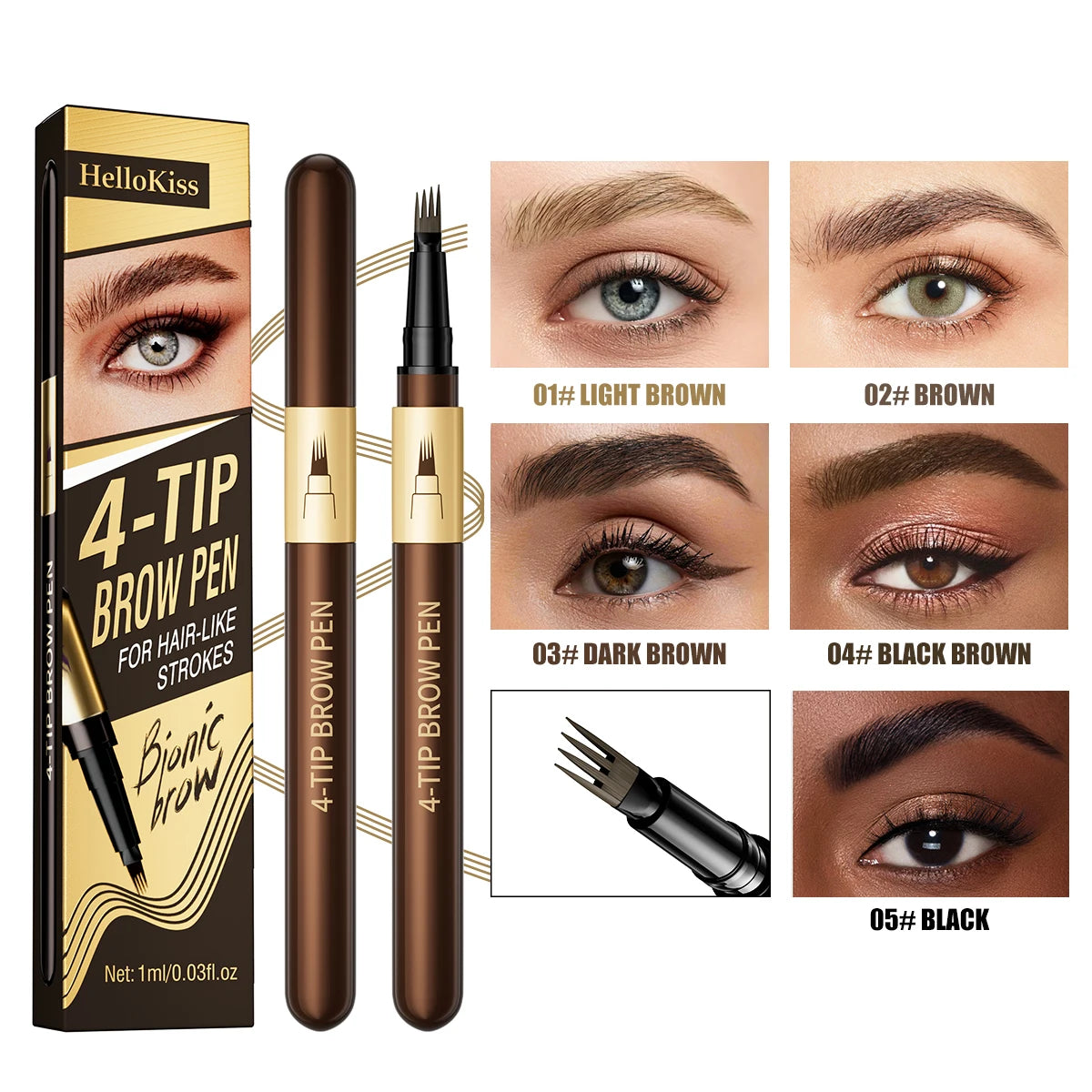 Four-pronged eyebrow pencil, four-end, long-lasting, non-smudged, water-resistant, anti-smudged eyebrow pencil