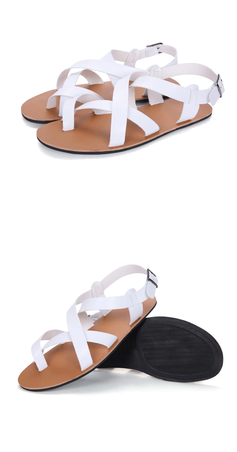 New Summer Men Sandals Leather Vintage Flat Heel Solid Buckle Beach Gladiator Sandals Shoes Breathable Men Flip Flops Sandals