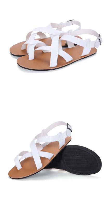New Summer Men Sandals Leather Vintage Flat Heel Solid Buckle Beach Gladiator Sandals Shoes Breathable Men Flip Flops Sandals