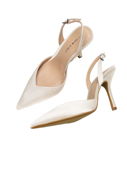 Women's Ivory Satin Pointed-Toe Slingback Heeled Sandals