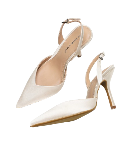 Women's Ivory Satin Pointed-Toe Slingback Heeled Sandals