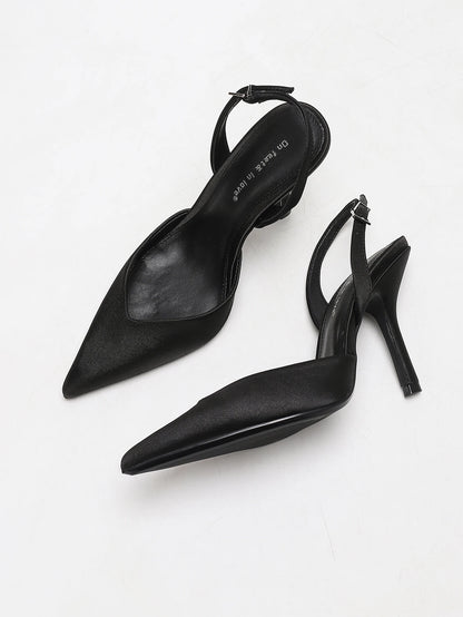 Women's Ivory Satin Pointed-Toe Slingback Heeled Sandals