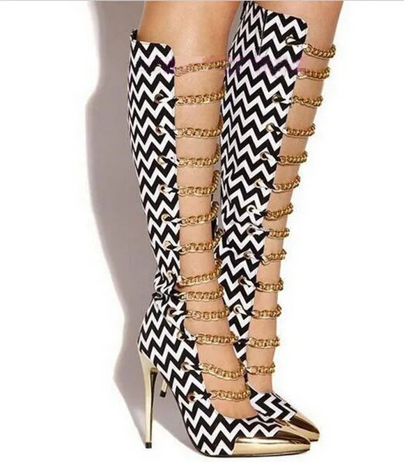 Sexy Front Chains Cutout Pointed Metal Toe Knee Boots Gold High Heel Woman Summer Boots Fashion Gladiator Party Shoes