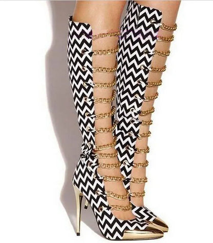 Sexy Front Chains Cutout Pointed Metal Toe Knee Boots Gold High Heel Woman Summer Boots Fashion Gladiator Party Shoes