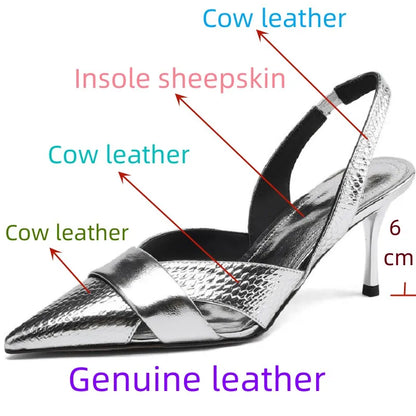 【JOCHEBED HU】Brand Genuine Leather Pointed Toe Slingback Kitten Heel Sandals Women Stiletto High Heels Summer Designer Party