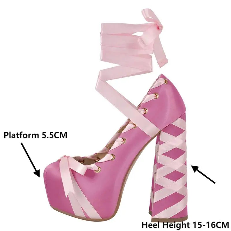 Onlymaker Womens Round Toe Platform Bow Ribbon Pumps Cute Lolita Ballet Lace-up Hoof Chunky Heel Pumps