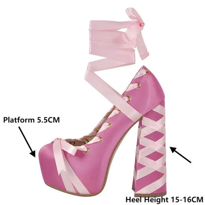 Onlymaker Womens Round Toe Platform Bow Ribbon Pumps Cute Lolita Ballet Lace-up Hoof Chunky Heel Pumps