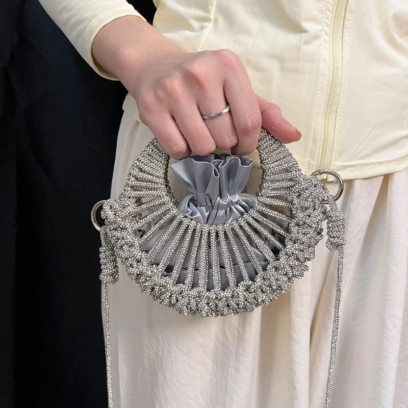 Niche design full diamond shiny small round bag for women 2025 socialite dinner bag casual versatile handbag rhinestone bag