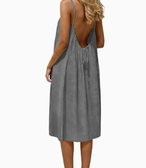 Summer Women Spaghetti Strap Dress Solid Color Loose Casual Midi Dress Sleeveless A-Line Beach Sundress