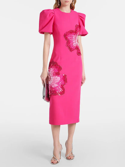 HIGH STREET Newest 2026 Designer Fashion Women's Beaded Sequin Three-Dimensional Flower Short Sleeved Midi Dress