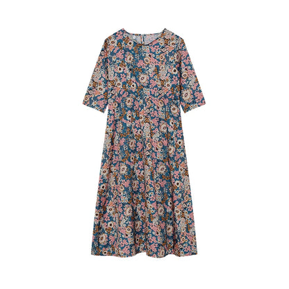 Women's Spring/Summer round Neck Pullover Dress with Pockets Middle Sleeve Loose Casual Print Midi Length