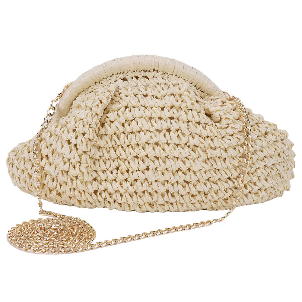 Women Straw Woven Bag Chain Strap Fashion Shoulder Bag Large Capacity Weaving Satchel Bag Solid Color for Party Vacation