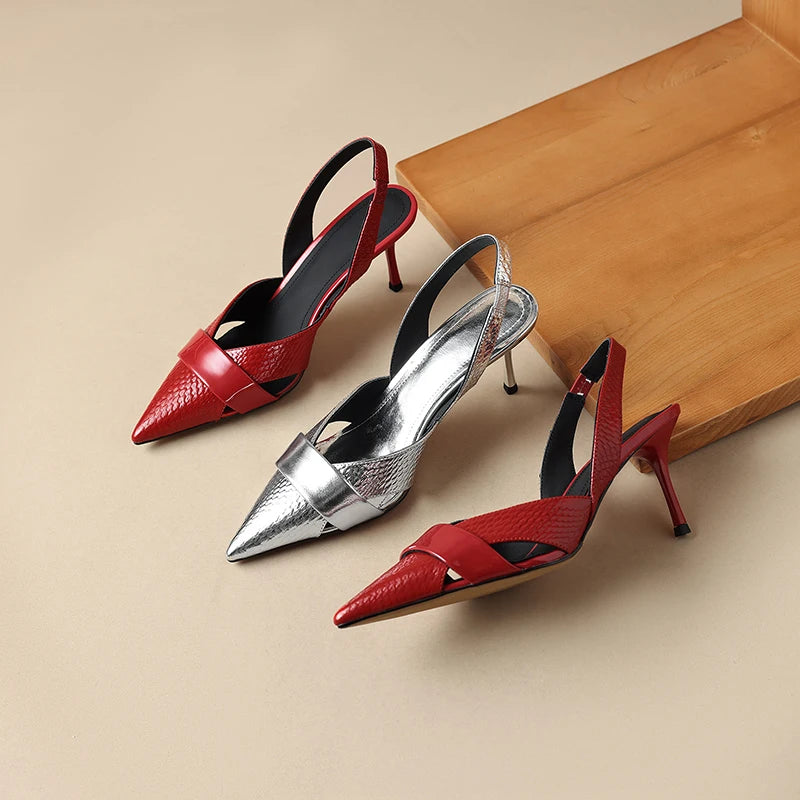 【JOCHEBED HU】Brand Genuine Leather Pointed Toe Slingback Kitten Heel Sandals Women Stiletto High Heels Summer Designer Party