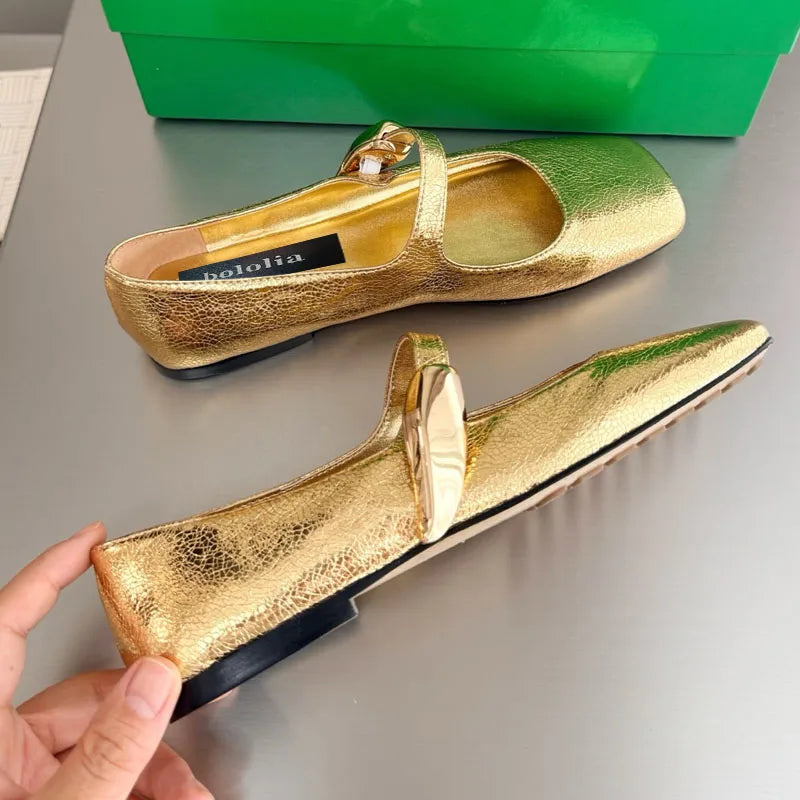 High Quality Women's Soft-soled Mary Jane Square Toe Versatile Commuter Metallic Decor One Strap Genuine Leather Flat Shoes
