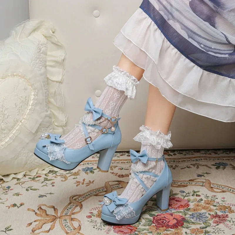 Cross Strap Women High Heels Mary Jane Pumps Party Wedding Cosplay White Pink Black Strawberry Bow Princess 2025 Lolita Shoes