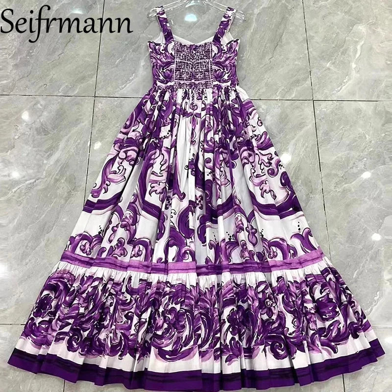 Seifrmann Baroque print Slim Ball Gown Dress Spaghetti Strap Backless Pleated Splicing Casual Holiday A-Line Cotton Dresses