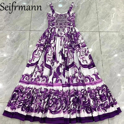 Seifrmann Baroque print Slim Ball Gown Dress Spaghetti Strap Backless Pleated Splicing Casual Holiday A-Line Cotton Dresses