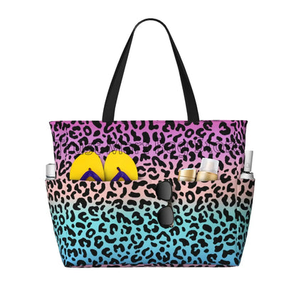 Leopard Print Large Waterproof Beach Bag for Women Sandproof Tote Bag Pool Bag with Zipper and Pockets for Travel Vacation Gym