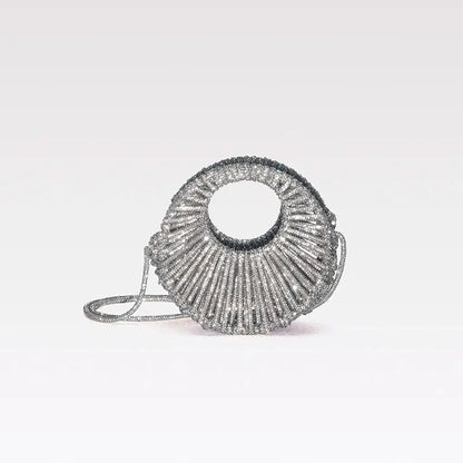 Circular Hollow Out Evening Clutch Party Bag For Women Luxury Designer Handbag New Fashion Shiny Rhinestones Shoulder Crossbody