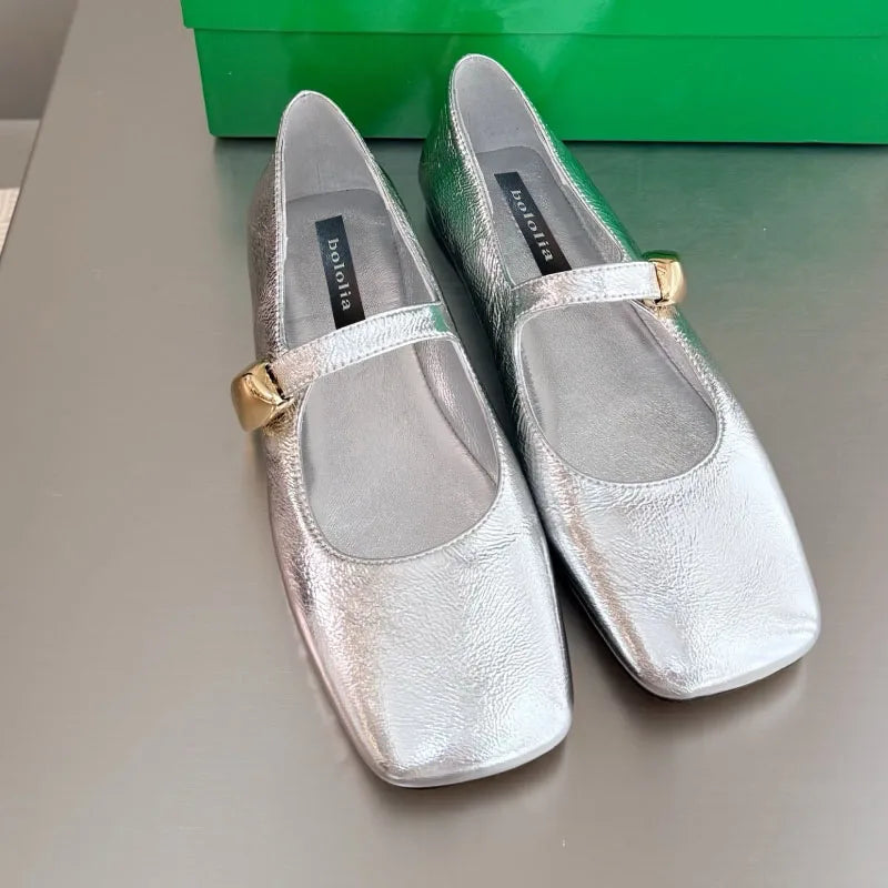 High Quality Women's Soft-soled Mary Jane Square Toe Versatile Commuter Metallic Decor One Strap Genuine Leather Flat Shoes
