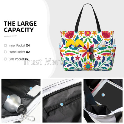 Mexican Flower Waterproof  Beach Tote Pool Bags for Women Ladies Extra Large Gym Tote Carry on Bag for Weekender Travel Swim