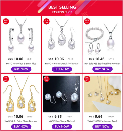 YWYC Horseshoe 8-9mm Rice Freshwater Pearl Earrings&Necklaces Jewelry Set for Women 925 Sterling Silver 45cm Pendant Necklace