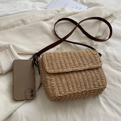 Women Weave Straw Bag Seaside Crossbody Bag Vintage Summer Straw Beach Bag Adjustable Strap Handmade Travel Flap Bag
