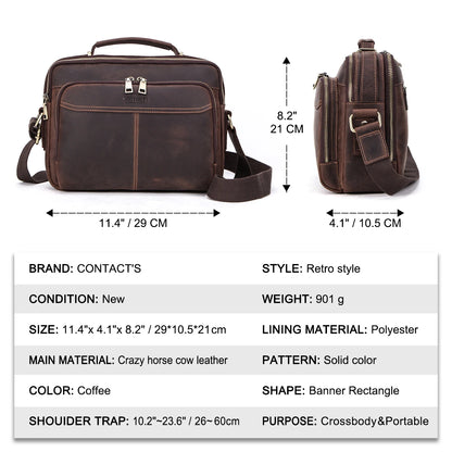 CONTACT'S Crazy Horse Leather Men Messenger Bag Vintage Man Crossbody Bag Handbags Large Capacity Male Shoulder Bags Bolsos