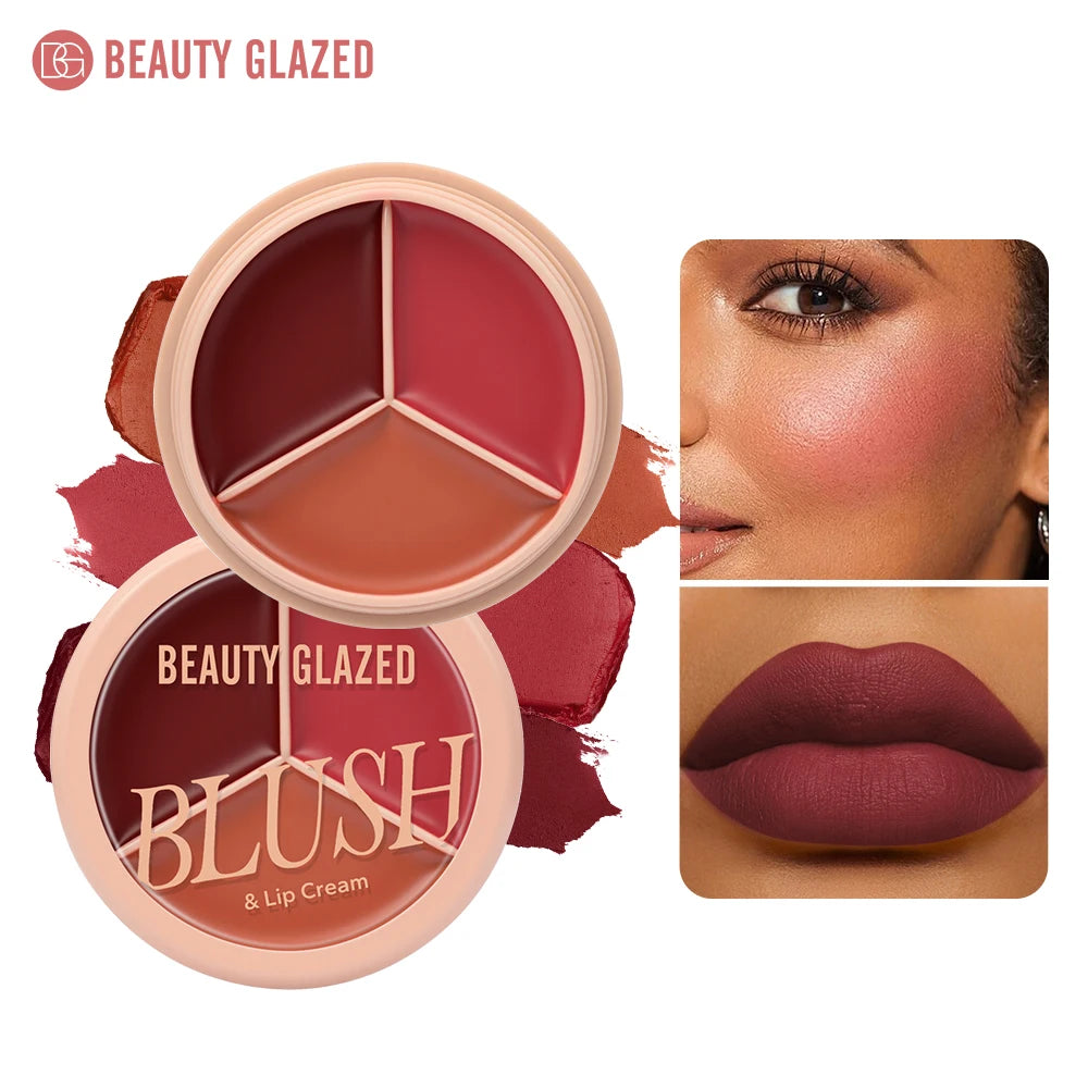 3-color blush palette-cream 2-in-1 multifunctional facial lip makeup, berry, pink, red waterproof