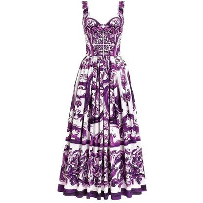 Seifrmann Baroque print Slim Ball Gown Dress Spaghetti Strap Backless Pleated Splicing Casual Holiday A-Line Cotton Dresses