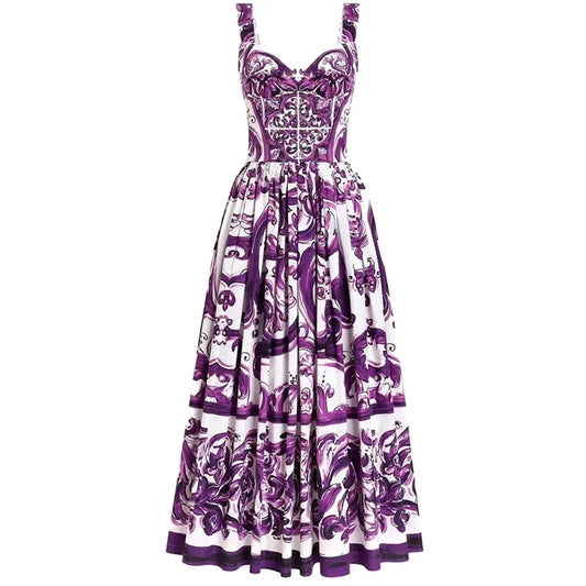 Seifrmann Baroque print Slim Ball Gown Dress Spaghetti Strap Backless Pleated Splicing Casual Holiday A-Line Cotton Dresses