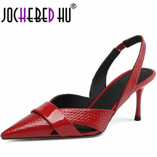 【JOCHEBED HU】Brand Genuine Leather Pointed Toe Slingback Kitten Heel Sandals Women Stiletto High Heels Summer Designer Party