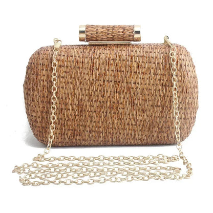 Summer Fashion Hand-woven Straw Bag Women Metal Clutches Chain Shoulder bag Crossbody Bags Ladies Party Evening Clutch Purse sac