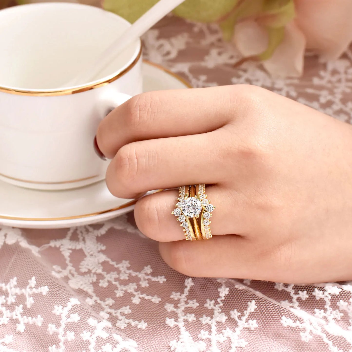 Newshe 14k Yellow Gold Plated Bridal Ring Set for Women 2Ct Round Cut AAAAA Zircon Wedding Engagement Anniversary Band BR1167_Y