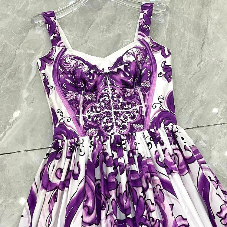 Seifrmann Baroque print Slim Ball Gown Dress Spaghetti Strap Backless Pleated Splicing Casual Holiday A-Line Cotton Dresses