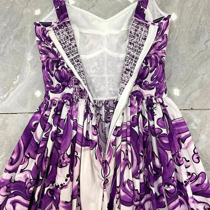 Seifrmann Baroque print Slim Ball Gown Dress Spaghetti Strap Backless Pleated Splicing Casual Holiday A-Line Cotton Dresses