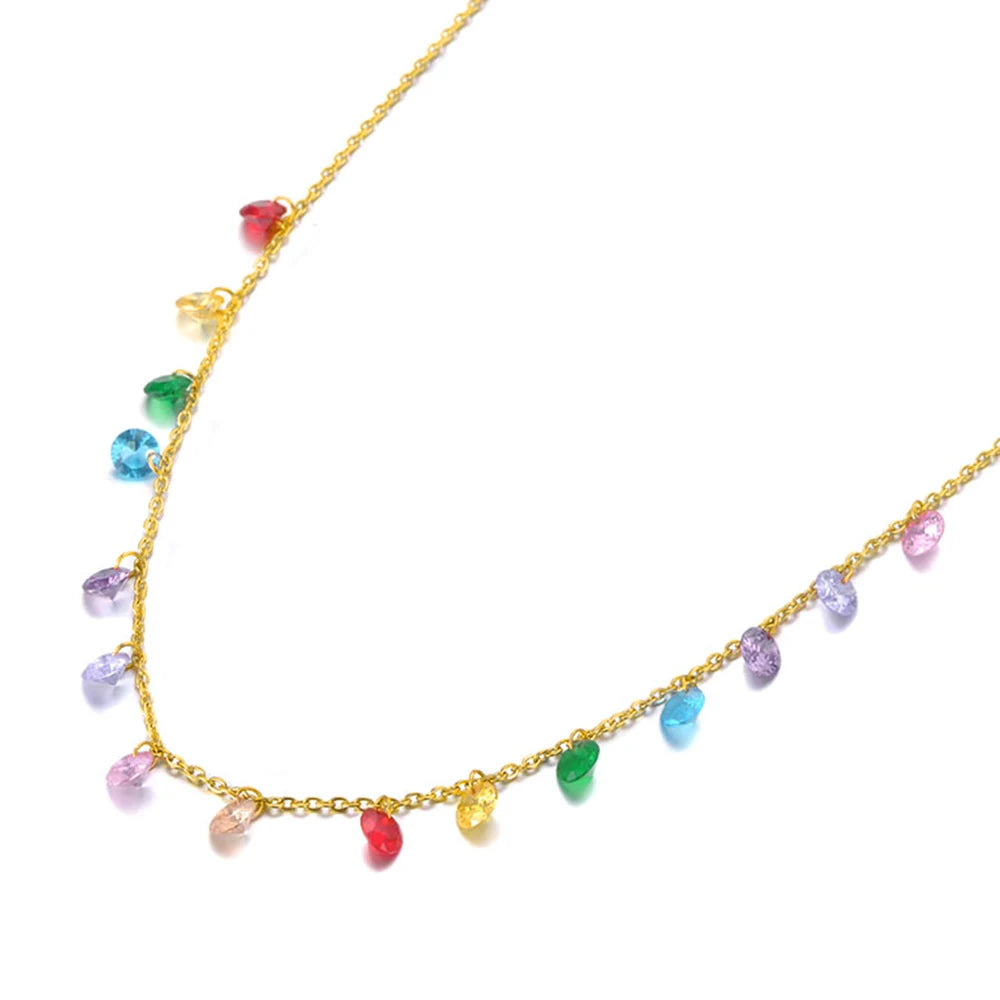 JeeMango Fashion Bohemia Stainless Steel Colorful CZ Crystal Choker Necklace Summer Beach Pendant Necklace For Women JN19125