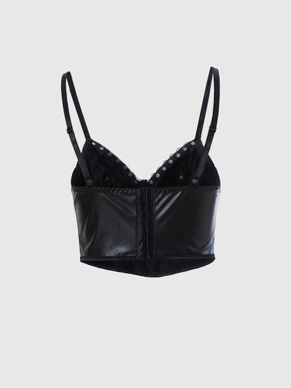 Punk Style Leather Halter Top with Metal Ring Cross Decoration Dark Sexy Outfit/Cosplay Top for Trendy Girls