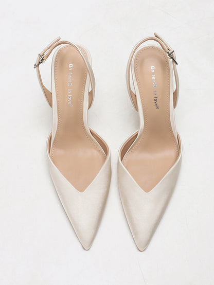 Women's Ivory Satin Pointed-Toe Slingback Heeled Sandals