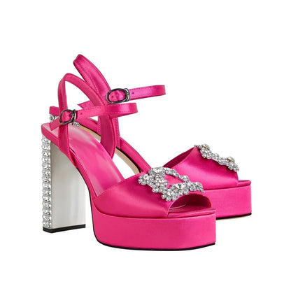 Square Headed Satin Banquet Sandals 2026 New Rhinestone Thick Heel High Heels 35-43 Leather Waterproof Platform Show Women Shoes